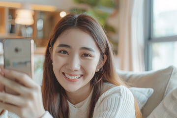 Asia vlogger woman influencer smile enjoy hobby happy fun live online screen SME retail store in reel at home Gen Z talent people play video selfie shoot app for show share viral story
