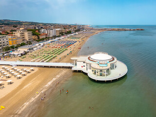 Italy, 09 June 2024: panoramic aerial view of the sea and the velvet beach of Senigallia in the...