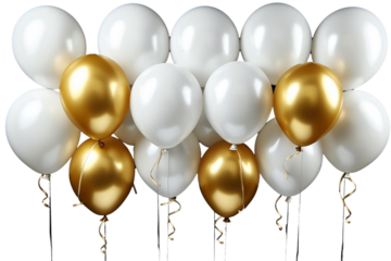 Elegant arrangement of white and gold balloons perfect for Christmas parties, celebrations, and special events. Bright and festive decoration, isolated on transparent background cutout.