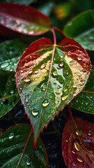 Glistening rain-soaked leaves, nature's jewels, shimmering with droplets of water that cling delicately to their velvety surfaces generated by ai  