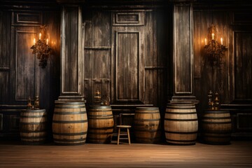 Antique wooden barrels aligned next to a small stool in a rustic wine cellar with warm wall sconces