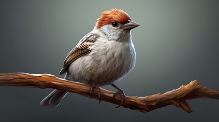 A cute sparrow with a solid gray background.