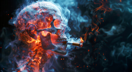 Still life skull and cigarette people smoke cigarette and get toxin body look like way to die. In the day " World No Tobacco Day" please quit or stop smoke for good health.