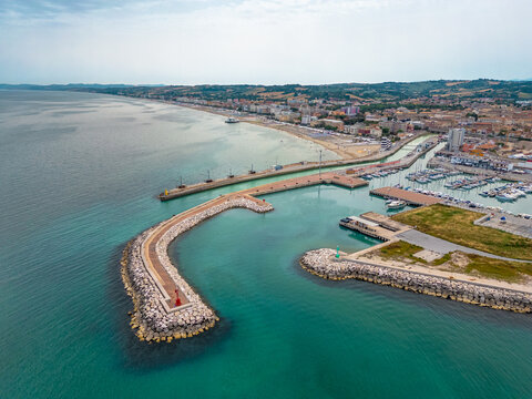 Italy, 09 June 2024: panoramic aerial view of the sea and the velvet beach of Senigallia in the province of Ancona Marche