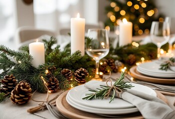 Fototapeta premium Elegant setting of the Christmas table with festive decorations in the Scandinavian style. The concept of celebrating Christmas