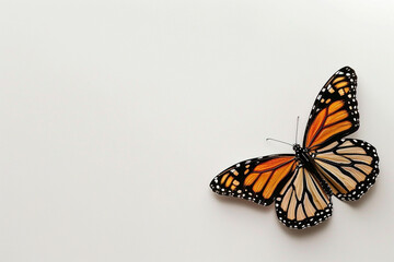 A monarch butterfly in the bottom right corner, with wings outstretched, on a white background