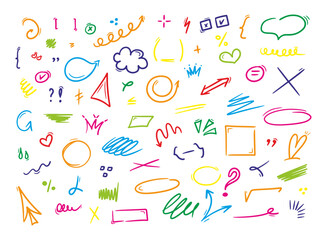 Hand drawn underlines, speech bubbles, arrows, strokes. Color sketch emphasis by pen, pencil or marker. Vector design elements set.