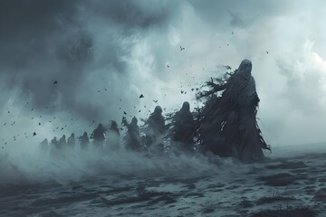 Ethereal Wraiths Sweeping Across Desolate Wind Swept Terrain in Ominous Digital