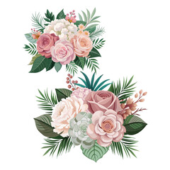 flower bouquet with dusty pink and cream roses, peonies, hydrangeas, and tropical leaves.vivid colors Spring pine colors green leaves