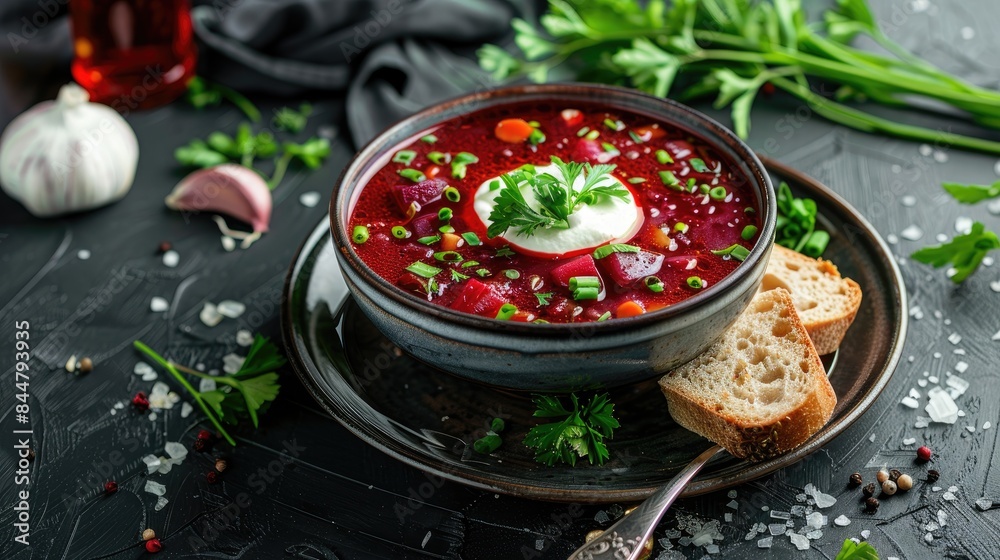 Poster red beet soup with meat and veggies served alongside sour cream bread green onion parsley and garlic