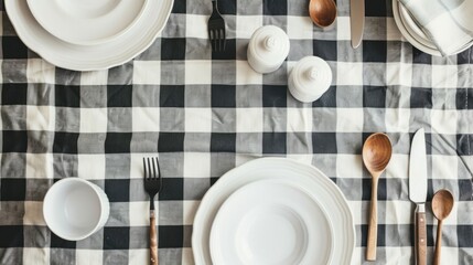 Minimalist kitchen items, such as white plates and simple cutlery, on the checkered tablecloth. generative ai