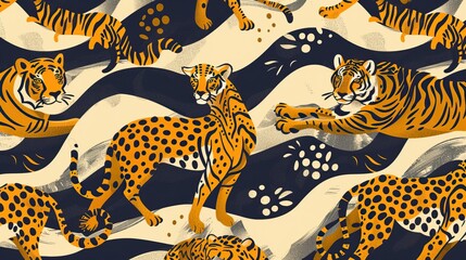 Animal skin tiger ,and cheetah,lepard in safari mood in the wave way seamless pattern in vector 