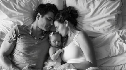 parents and baby sleeping together in the double bed generative ai