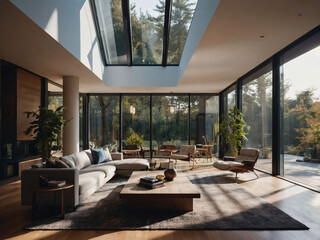 Modern living space illustration boasting abundant natural light through large windows.