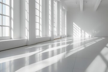 Obraz premium The empty white room interior with clean lines was a serene space to relax and unwind.