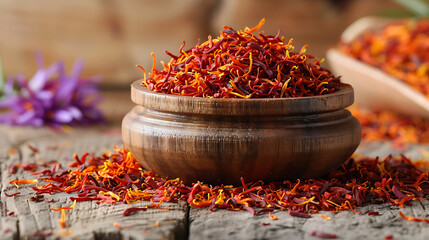 Dried saffron in a wooden bowl on a wooden table