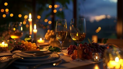 table in a night atmosphere, illuminated by a warm light, creating a cozy and elegant atmosphere. generative ai