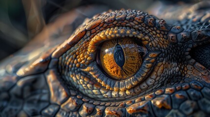 Close-up of a reptile eye with intricate patterns and vibrant colors, showcasing the texture of the skin and detailed eye structure.