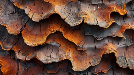 Obraz premium Close-up of dark and fiery orange tree bark texture, showcasing natural patterns, colors, and organic shapes in a dramatic nature detail.