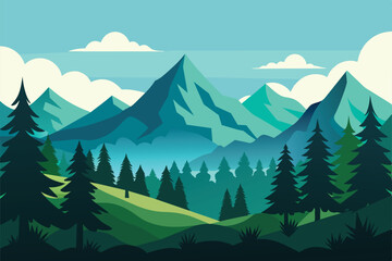 Beautiful landscape of coniferous forest with plants and shrubs. A magnificent forest clearing against the backdrop of stunning mountains vector illustration