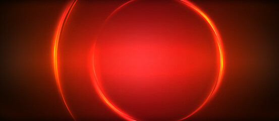 Neon glowing circle rays, light round lines in the dark, planet style neon wave lines. Energetic electric concept design for wallpaper, banner, background