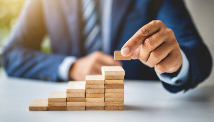 woman's hand stacks blank wooden pegs on white table, symbolizing strategy, growth, planning