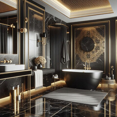 Modern interior bathroom with black marble and golden decoration, bathtub, shower and sink, stylish furniture