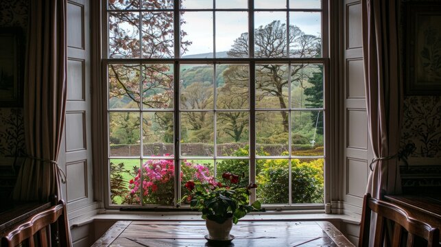 Fototapeta window in the background showing views of a garden generative ai