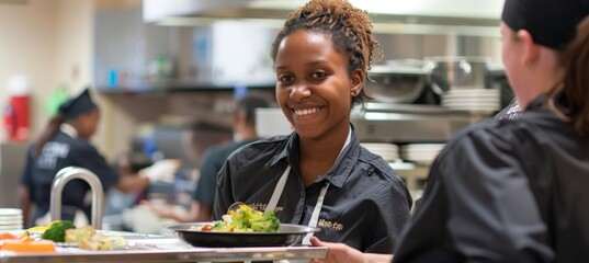 Friendly Cafeteria Staff Serving Lunch to Students, Promoting a Welcoming and Positive Atmosphere