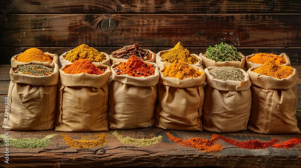 Aufkleber A collection of dried spices in open paper bags arranged in burlap sacks on a rustic wooden table. Generative AI