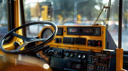 School Bus Dashboard Close-Up Showing Controls and Safety Features for Driver Functionality