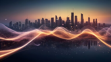 Smart city and abstract line and dot connect with gradient line design , big data connection technology concept. 3d render