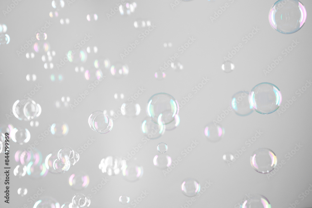 Canvas Prints Beautiful transparent soap bubbles on grey background