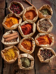 An assortment of dried spices, including turmeric, paprika, and cinnamon, are displayed in rustic paper bags on a wooden surface. Generative AI
