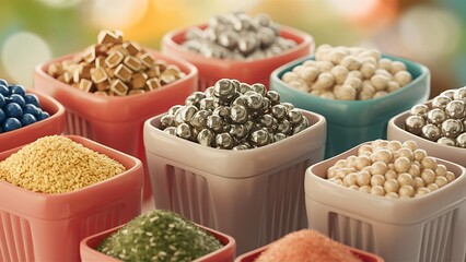 Zero waste products with bulk shopping containers and green themed background blur

