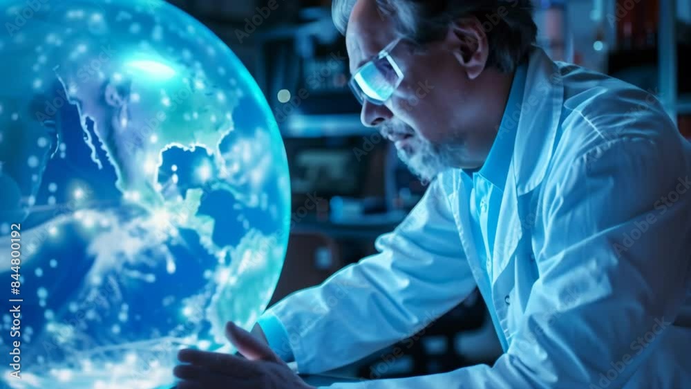 Poster senior scientist examining a glowing holographic globe in a laboratory. studio indoor photography. s