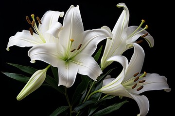 Fototapeta premium Close-up of vibrant white lilies with detailed petals and stamens, isolated on a dark backdrop