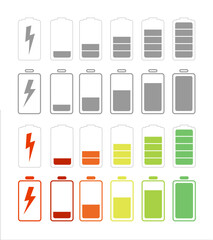 Battery with different level of charge. Car battery indicator, battery charge signs. Wireless charging energy sign. Vector