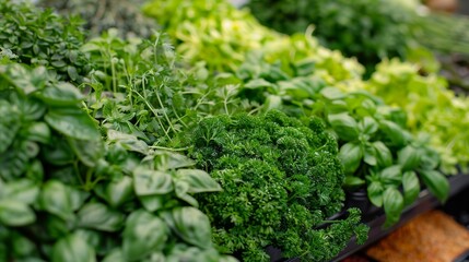 Fresh Herbs and Spices Display at Market Stall - Basil, Cilantro, Parsley, and Rosemary Arrangement
