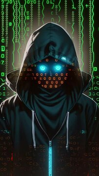 Computer Hacker in Hoodie. Obscured Dark Face with glowing eyes on digital codes and data streams background