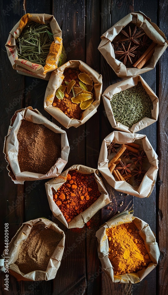Poster An overhead shot of various spices in open paper bags arranged on a wooden surface. Generative AI