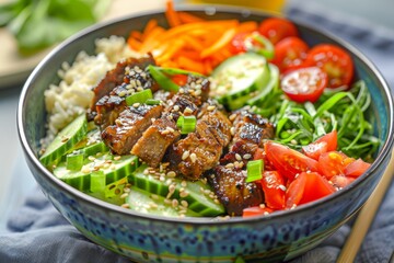Fresh and Colorful Healthy Lunch Bowl with Vegetables and Lean Meat for Intermittent Fasting