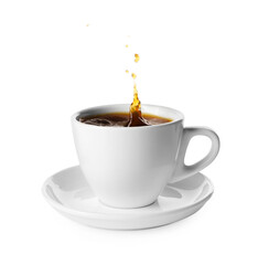 Cup with splashing coffee isolated on white