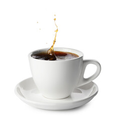 Cup with splashing coffee isolated on white