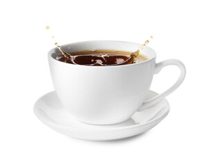 Cup with splashing coffee isolated on white