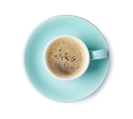 Tasty coffee in cup isolated on white, top view