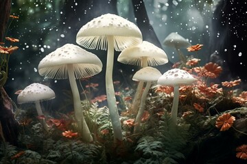 Discover the ethereal beauty of mushrooms in an enchanted forest with a magical and glowing woodland floor full of mystical fungi