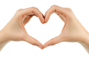 A close-up of a woman's hand making a heart shape with both hands isolated on transparent background