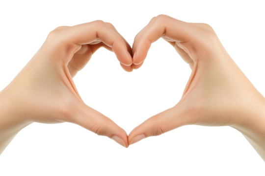 A close-up of a woman's hand making a heart shape with both hands isolated on transparent background