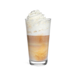 Delicious latte with whipped cream in glass isolated on white
